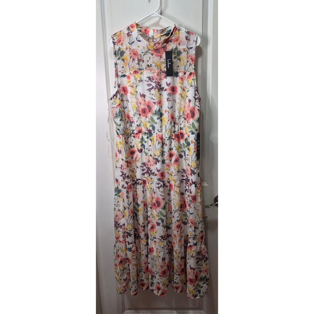 Lulus Floral Sleeveless Tiered Midi Dress XXL White Pink Mock Neck NWT